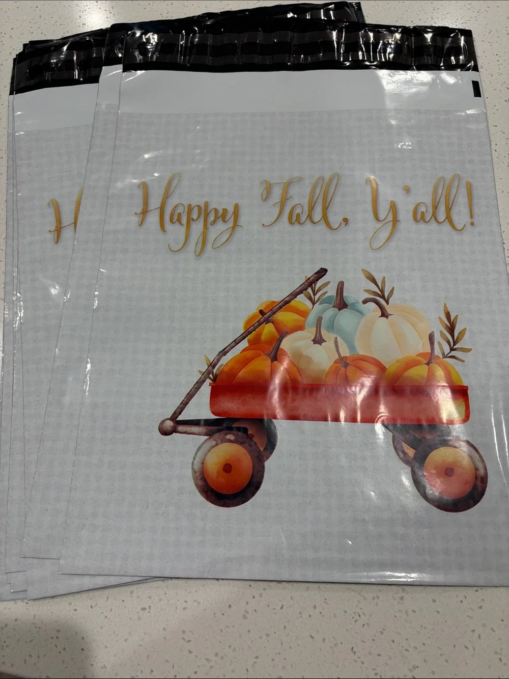 QTY 20 Happy Fall Y'all Decorative Shipping Bags - White & Orange 10”x13”